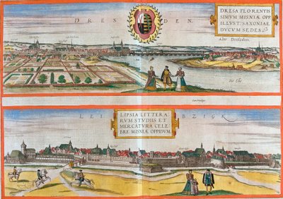 Utsikt över Dresden (Dresa) och Leipzig (Lipsia), Tyskland (etsning av Franz Hogenberg
