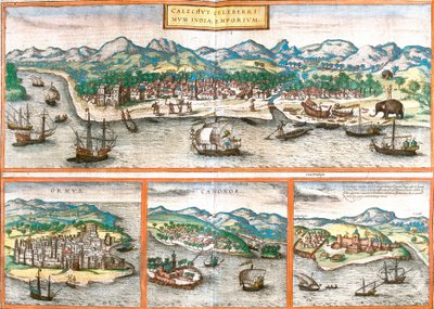 Utsikt över Kozhikode eller Calicut (Indien), Ormuz (Iran), Cannanore eller Kannur (Indien) och St. George of the Mine (S. George) eller Elmina (Ghana) (etsning av Franz Hogenberg