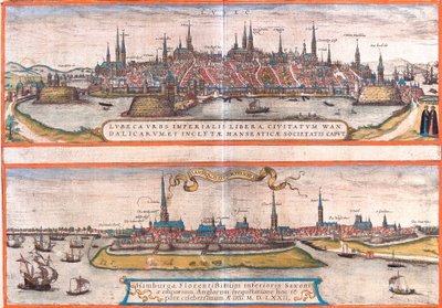 Utsikt över Lubeck (Lubeca) och Hamburg (Hamburga), Tyskland (etsning av Franz Hogenberg