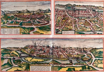 Utsikt över Montpellier (Monspessulanus), Tours (Turo) och Poitiers (Pictavis), Frankrike (etsning av Franz Hogenberg