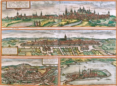 Utsikt över Nürnberg (Nurnberga), Ulm (Ulma), Lindau (Lindola), Tyskland och Salzburg (Salisburgensis) i Österrike (etsning av Franz Hogenberg