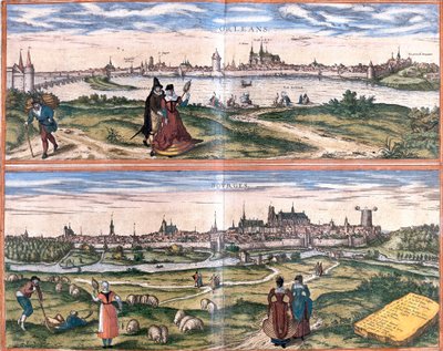Utsikt över Orleans et Bourges, Frankrike (etsning av Franz Hogenberg