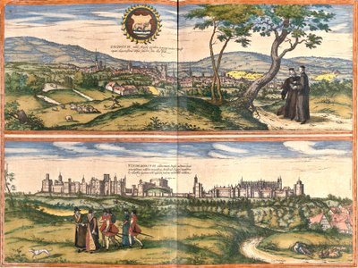 Utsikt över Oxford (Oxonium) och Windsor (Vindesorium), England (etsning av Franz Hogenberg