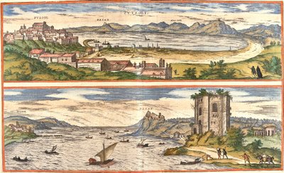 Utsikt över Pozzoli (Puteoli) och bukter (Baiae) (nuvarande Baia), Italien, med de gamla lämningarna av termalbaden i Neapelbukten och en fästning (etsning av Franz Hogenberg
