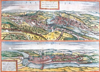 Utsikt över Prag (Praga) och Egra, Tjeckien (etsning av Franz Hogenberg