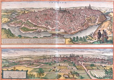 Utsikt över Toledo och Valladolid (Vallisoletum), Spanien (etsning av Franz Hogenberg