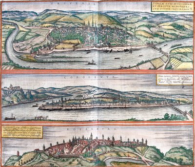Utsikt över Treves (Treveris), Koblenz (Coboletz) och Rothenburg (Rotenburgum), Tyskland (etsning av Franz Hogenberg