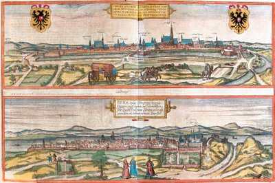 Utsikt över Wien (Wien), Österrike och Budapest (Buda), Ungern (etsning av Franz Hogenberg