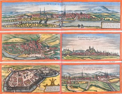 Utsikt över Weimar (Weimaria), Iena, Erfurt (Erdfordia), Gotha och Fulde (Fuldensis), Tyskland (etsning av Franz Hogenberg