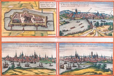 Utsikt över Wittenburg (Wittenburga), Frankfurt (Francfordiensis), Wismar (Wismaria) och Rostock (Rostochium), Tyskland (etsning av Franz Hogenberg