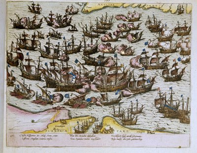 nederlaget för den osynliga spanska armadan vid de engelska stränderna 1588-08-08, illustration från 1653 (gravyr) av Franz Hogenberg