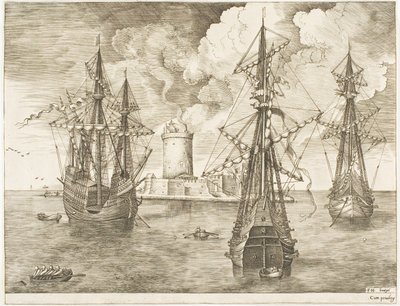 Fyrmästare och två tremästare ankrade nära en befäst ö med en fyr, från Segelfartygen av Franz Huys