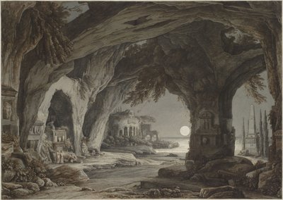 Idealiskt landskap med klippgrotta, gravar och ruiner i månskenet, ca. 1790. av Franz Innocenz Josef Kobell