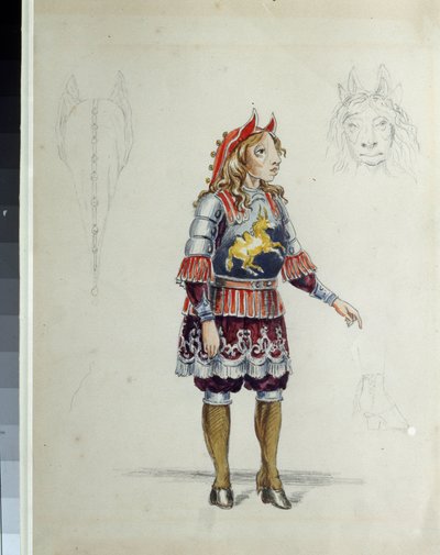 Kostymdesign för baletten ""Le petit cheval puckelrygg"" av Cesare Pugni (1802-1870) (Dräktdesign för baletten Den lilla puckelryggade hästen av C. Pugni). Den lilla hästen. Verk av Franz Iosifovich Nordmark, penna och akvarell på papper av Franz Iosifovich Nordmark