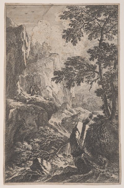 Plåt 2: en jägare som siktar med sin pistol, knäböjer bredvid en stor sten till höger, en ma..., ca. 1700-25. av Franz Joachim Beich