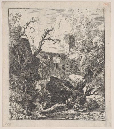 Plåt 2: två figurer som sitter på en trädstam på stranden av en bäck i förgrunden,..., ca. 1700-25. av Franz Joachim Beich