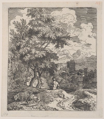 Plåt 3: en herde som sitter på en kulle, en ko och två får till vänster, och en stad i ri..., ca. 1700-25. av Franz Joachim Beich