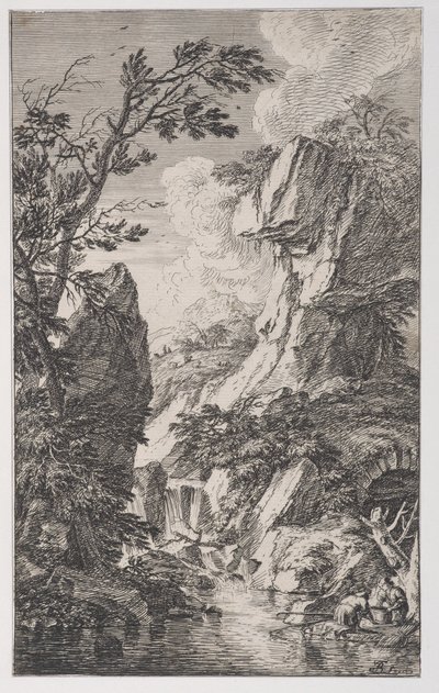 Plåt 4: två fiskare på stranden av en bäck till höger, ett vattenfall i mitten, från..., ca. 1700-25. av Franz Joachim Beich