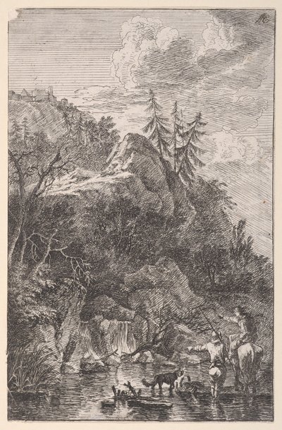 Plåt 5: kvinnlig figur till häst och en mansfigur med en hund stående i en str..., ca. 1700-25. av Franz Joachim Beich