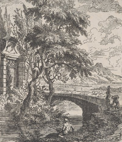 Plåt 7: två figurer till höger på väg över en stenbro, en fiskare i för..., ca. 1700-25. av Franz Joachim Beich