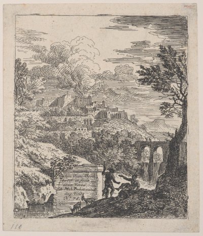 Två herdar vilande bredvid en piedestal, en akvedukt till höger i bakgrunden, en..., ca. 1700-25. av Franz Joachim Beich