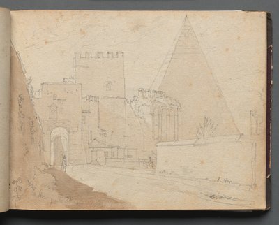 Album med utsikt över Rom och omgivningar, landskapsstudier, sida 08a: Porta St. Paolo. av Franz Johann Heinrich Nadorp