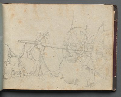 Album med utsikt över Rom och omgivningar, landskapsstudier, sidan 37a: Oxar och vagn. av Franz Johann Heinrich Nadorp