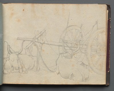Album med utsikt över Rom och omgivningar, landskapsstudier, sidan 37a: Oxen och vagn av Franz Johann Heinrich Nadorp