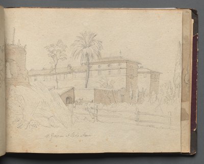 Album med utsikt över Rom och omgivningar, Landskapsstudier, sidan 38a: :St. Giovanni e Paolo, Rom" av Franz Johann Heinrich Nadorp