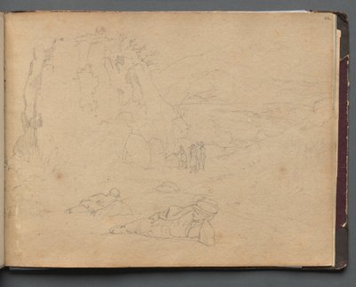 Album med utsikt över Rom och omgivningar, landskapsstudier, sidan 44a: Figurer i ett landskap. av Franz Johann Heinrich Nadorp