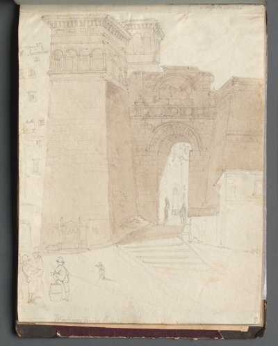 Album med utsikt över Rom och omgivningar, landskapsstudier, sida 50a: Romersk arkitekturvy av Franz Johann Heinrich Nadorp