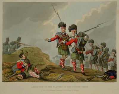 Anekdot om tapperheten hos Scotch Piper från 11:e höglandsregementet vid slaget vid Vimiero, graverad av John Heaviside Clark (c.1771-1863) och Matthew Dubourg (fl.1813-20) från 