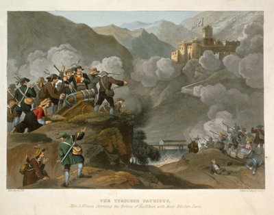 The Tirolese Patriots storming the Fortress of Kuffstein with their Wooden Guns, graverade av John Heaviside Clark (c.1771-1863) och Matthew Dubourg (fl.1813-20) från Historic, Military and Naval Anecd av Franz Joseph Manskirch