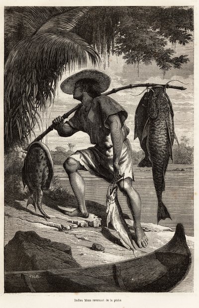 Indiska Moxo (Mojo, Moxeno) (från Mato Grosso-regionen) som återvänder från fiske, graverar efter en teckning av berättaren, som illustrerar en upptäcktsresa på Amazonas och Madeira, 1874, av Franz Keller Leuzinger, publicerad i "" Le tour du av Franz Keller