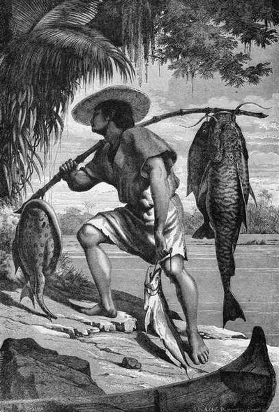 En av våra Mojo-indianer som återvänder från fiske, från floderna Amazonas och Madeira, av Franz Keller, graverad av A. Closs, 1874 av Franz Keller