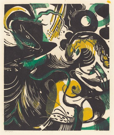 Genesis II (Schopfungsgeschichte II), 1914 (träsnitt i gult, svart och grönt) av Franz Marc