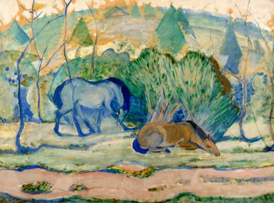 Hästar på betesmark Hästar i ett landskap av Franz Marc