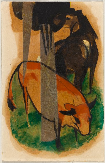 Rotes Pferd und gelbes Rind, Postkarte aus Sindelsdorf an Alfred Kubin av Franz Marc
