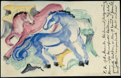 "Röd och blå häst", Franz Marc från Sindelsdorf till Wassily Kandinsky i München: vykort, poststämpel 5 april 1913 av Franz Marc