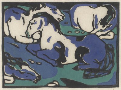 Ruhende Pferde (vilande hästar), 1911-1912, tryckt 1916 (träsnitt i svart, blått och grönt på japanpapper) av Franz Marc