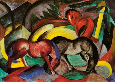 Tre hästar, 1912 (blandteknik på papper) av Franz Marc