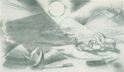 Orört landskap med sol, berg och en grupp hästar av Franz Marc