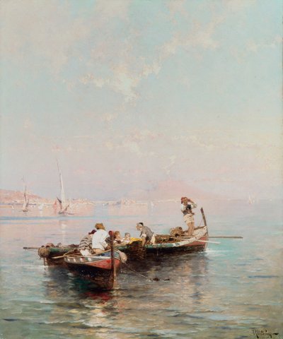 Fiskebåt i Neapelbukten (olja på duk) av Franz Richard Unterberger