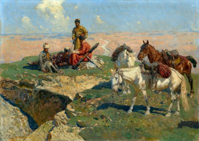 De kaukasiska krigarnas stopp - Målning av Franz Roubaud (1856-1928) av Franz Roubaud
