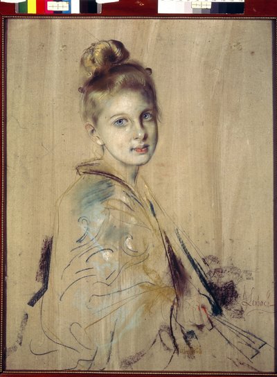 Ung flicka med en fläkt (flicka med en fläkt). Verk av Franz von Lenbach (1836-1904), pastell på kartong, omkring 1880. Tysk 1800-talskonst. State Hermitage, Sankt Petersburg. av Franz Seraph von Lenbach