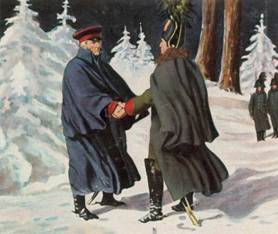 Förhandlingar mellan Yorck och den ryske generalen Diebitsch, 25 december 1812 (förstärkt färglitografi) av Franz Stassen