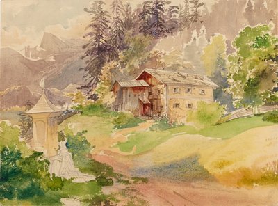 Alpint landskap med bondgård och kvinna framför en helgedom av Franz Steinfeld