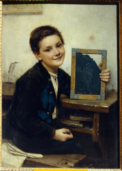Ecolier (Skolpojke) - Målning av Franz Thone (1851-1906), olja på trä, 50x38 cm av Franz Thone