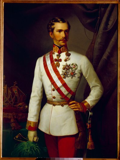 Porträtt av Francois Joseph av Österrike var 28 år gammal i ceremoniell uniform (1830-1916). Målning av Francois Xaver Winterhalter (1806-1873) av Franz Xaver Winterhalter