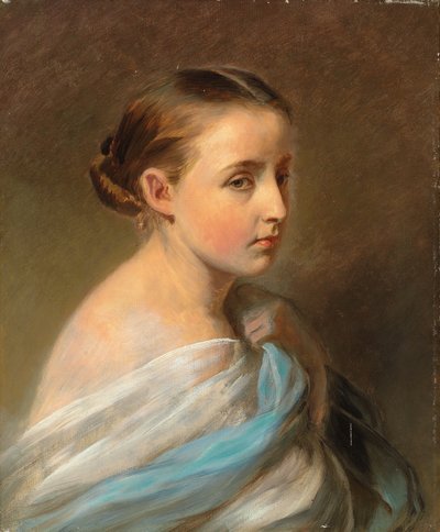 Porträtt av en flicka, huvud och axlar, draperad i en blå och vit omslag, ca 1850 av Franz Xaver Winterhalter